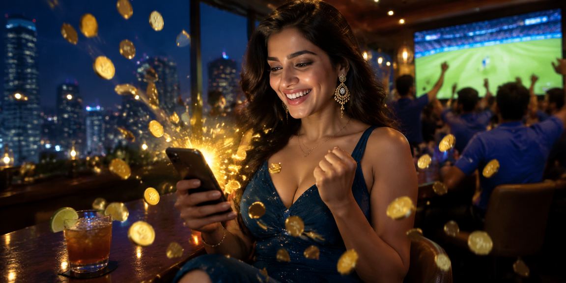 Young woman using smartphone to place cricket bets in Pune city